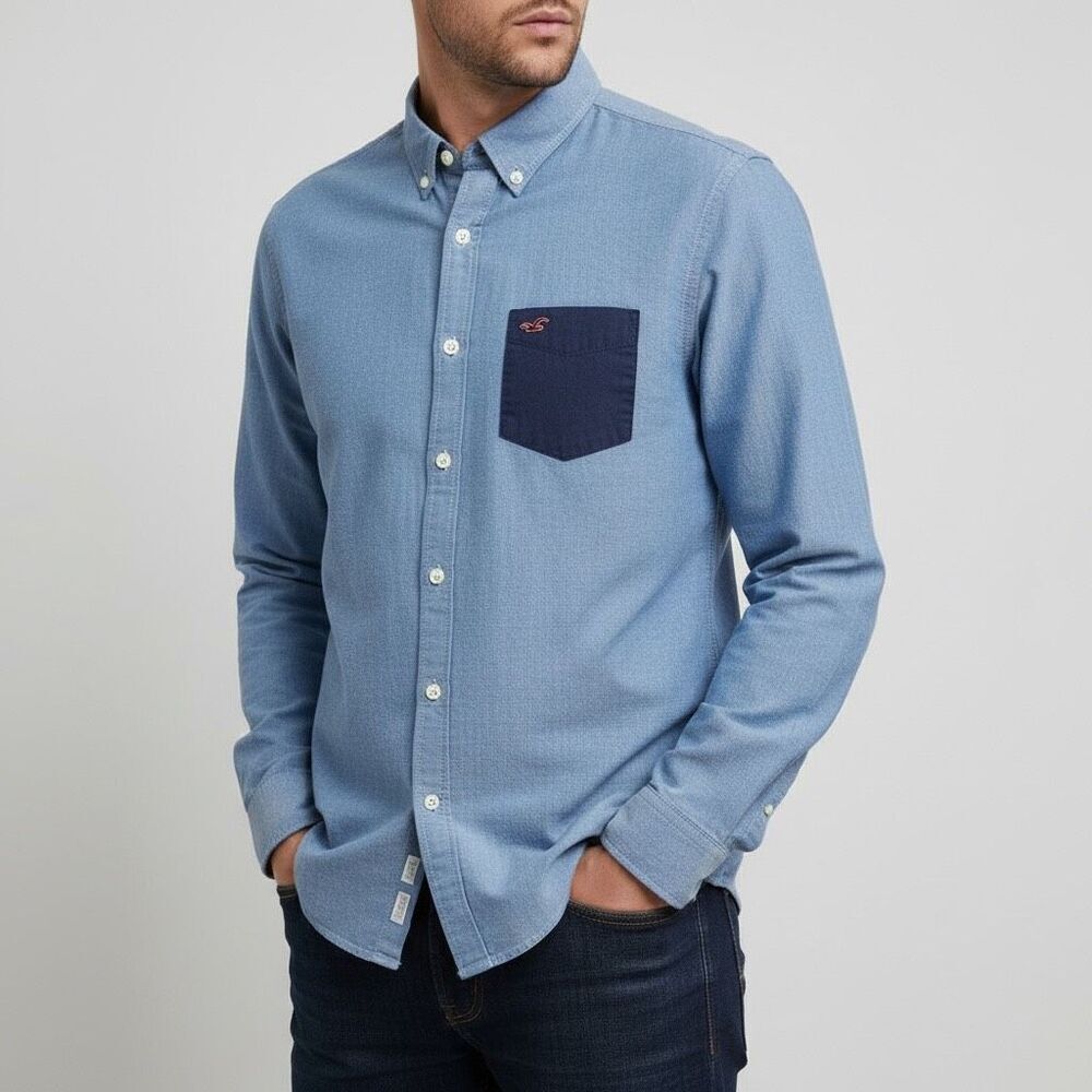 Hollister 2 Tone Blue Oxford Button Down Long Sleeve Shirt Medium‎
